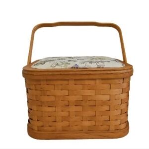 Woven Wood Vintage Sewing Basket With Handle Tapestry Covered Lid